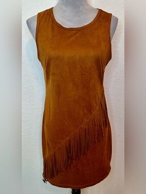 1st Kiss Faux Suede Fringe Dress Brown Boho Western Sleeveless Mini Size L